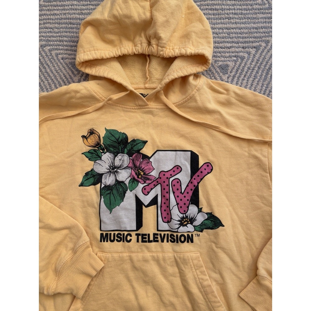 Women's MTV Logo Floral Hibiscus Hooded Sweatshirt - Yellow - Medium - Picture 2 of 4